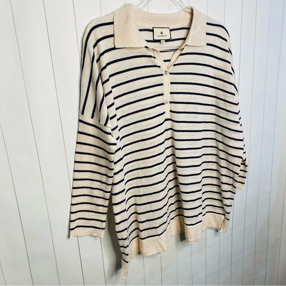 Tuckernuck Clayton Striped Oatmeal & Navy Linen Shirt M/L Coastal Preppy Chic - Picture 3 of 6
